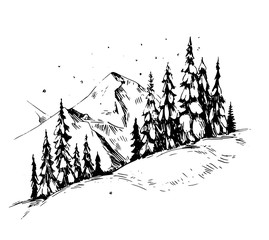 Fototapeta premium Winter background with mountains, snow and trees. Hand drawn illustration converted to vector.