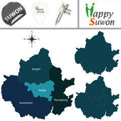 Map of Suwon, South Korea with Districts