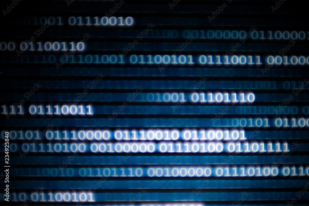Poster binary code data bit screen display on laptop computer screen. matrix of data flow. rise of big data