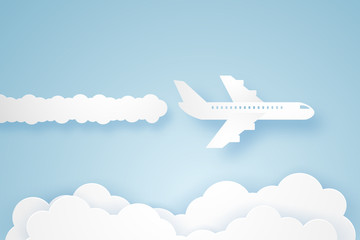 Airplane flying in the sky , paper art style