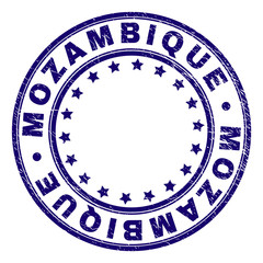 MOZAMBIQUE stamp seal imprint with grunge texture. Designed with circles and stars. Blue vector rubber print of MOZAMBIQUE title with scratched texture.