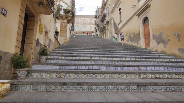Famous ceramic stairs in Caltagirone, Sicily. Architecture of Italy.