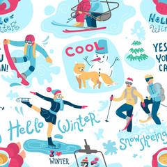 vector illustration winter activities. hello winter