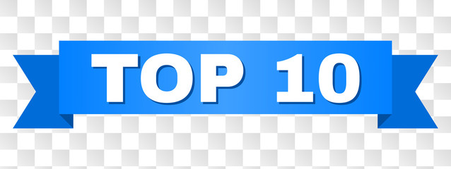 TOP 10 text on a ribbon. Designed with white caption and blue stripe. Vector banner with TOP 10 tag on a transparent background.