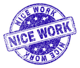 NICE WORK stamp seal watermark with distress texture. Designed with rounded rectangles and circles. Blue vector rubber print of NICE WORK label with dust texture.
