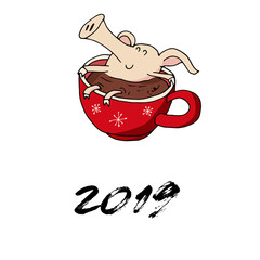Cute doodle christmas happy piggy in hot cacao. Symbol of 2019 year. Winter holidays. Christmas and new year calligraphy. Hand written modern brush lettering. Hand drawn design elements. Festive card.