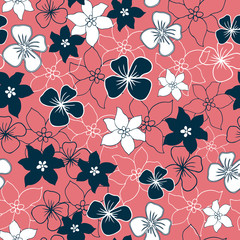 Vector Teal and White Flower Mix Seamless Pattern Design on Coral Background . Perfect for fabric, wallpaper, stationery and scrapbooking projects