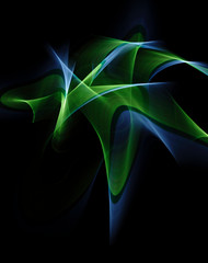 Improvisation by light by multi-colored lines, abstract image, green-blue florid lines of a tape