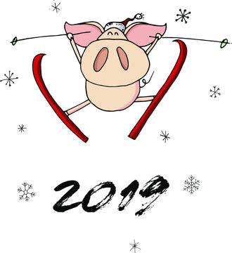 Cute doodle christmas skiing piggy in santa hat. Symbol of 2019 year. Winter holidays. Christmas and new year calligraphy. Hand written modern brush lettering. Hand drawn design elements. Festive card