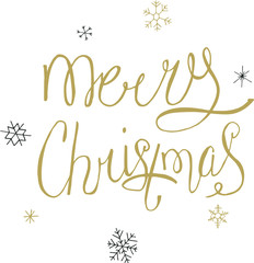 Christmas golden calligraphy. Merry christmas greeting text with snowflakes. Hand written modern brush lettering with decorative snowflakes. Hand drawn design elements. Festive sign card.