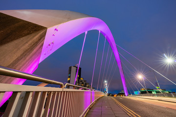 Clyde Arc Bridge along River Clyde Sunset twilight at Glasgow city Scotland UK.