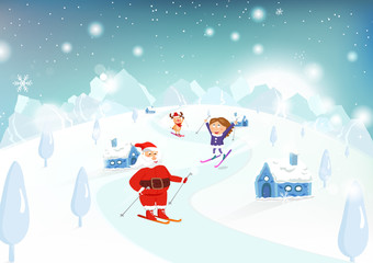 Christmas, Santa Claus, kid and reindeer skiing on mountains in winter holiday, cute cartoon character fantasy, landscape perspective background vector illustration