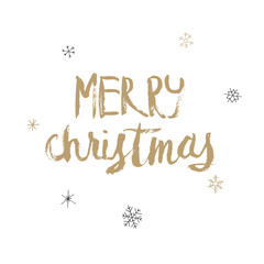 Christmas golden calligraphy. Merry christmas greeting text with snowflakes. Hand written modern brush lettering with decorative snowflakes. Hand drawn design elements. Festive sign card.