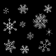 Collection ofchristmas snowflakes on black backdrop, modern flat design. Can be used for printed materials.  Winter holiday background. Hand drawn design elements. Festive stickers card.