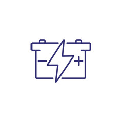 Accumulator line icon. Battery with plus, minus and high voltage sign. Car service concept. Can be used for topics like electro car, vehicle, charging