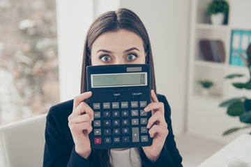 Close up portrait of attractive beautiful banker broker lady wit