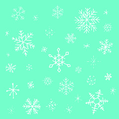 Collection of Christmas snowflakes on blue backdrop, modern flat design. Can be used for printed materials.  Winter holiday background. Hand drawn design elements. Festive stickers card.