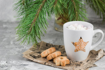 mug with drink decorated with marshmallow and star shape cookies  near evergreen christmas tree...