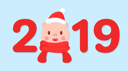 Happy new year 2019. Chinese pig Zodiac sign. Cute cartoon greeting card.