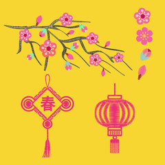 Embroidery blossoms, branch of cherry sakura tree and Chinese new year
