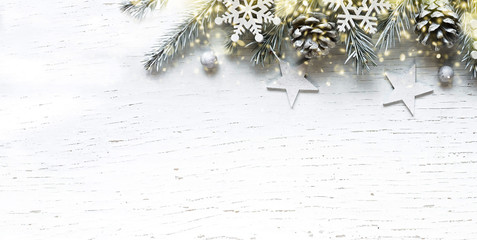 Christmas white Fir tree branches with white pine cones.