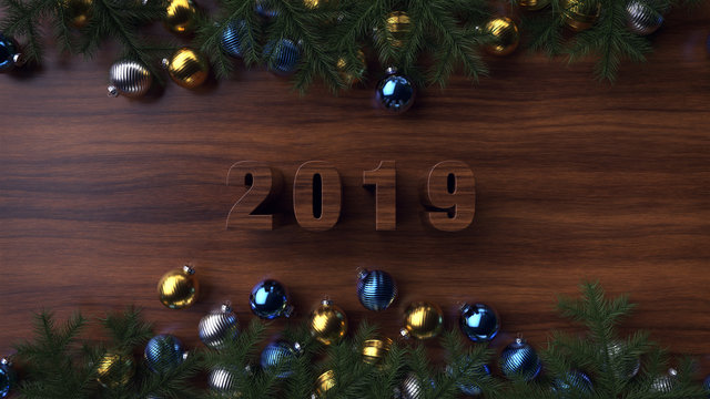 Wooden background. Happy new year 2019. 3d render