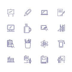 School education icons. Set of line icons. Technology, supply, analysis. University concept. Vector illustration can be used for topics like studying, science, knowledge