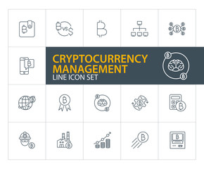Fototapeta na wymiar Cryptocurrency management line icon set. Wallet, accounting, farm. Finance concept. Can be used for topics like bitcoin mining, exchange, fintech