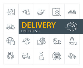 Delivery line icon set. Courier, ship, truck. Shipment concept. Can be used for topics like cargo, mailing, postal service