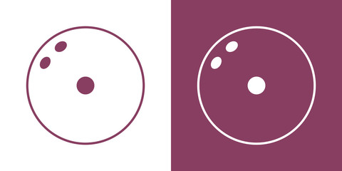 A set of two options for simple icons, contour, bowling ball. On a white and purple background. Strike. 10 eps