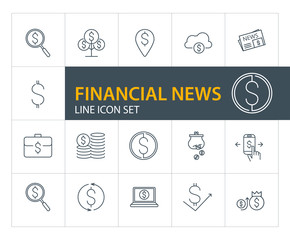 Financial news line icon set. Newspaper, coin stacks, online payment. Finance concept. Can be used for topics like business, investment, accounting