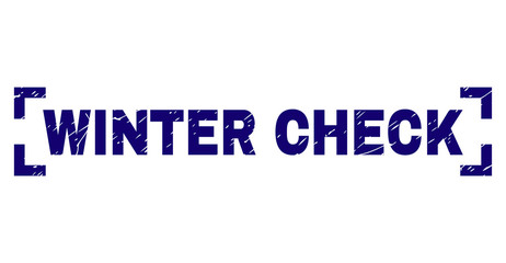 WINTER CHECK title seal imprint with grunge texture. Text title is placed inside corners. Blue vector rubber print of WINTER CHECK with dirty texture.