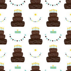 Chocolate birthday cake with candles, party decorations and gift boxes vector seamless pattern background.