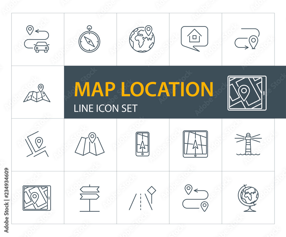 Poster map location line icon set. compass, direction sign, globe. navigation concept. can be used for topi