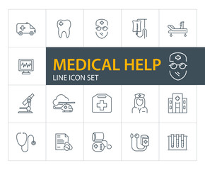 Fototapeta na wymiar Medical help line icon set. Doctor, hospital, stethoscope. Medicine concept. Can be used for topics like ambulance, emergency, health care