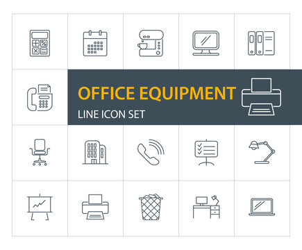 Office Equipment Line Icon Set. Calculator, Monitor, Computer. Work Tools Concept. Can Be Used For Topics Like Stationery, Facilities, Workplace