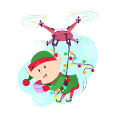 Elf with digital tablet tied to quad copter with xmas lights. Vector illustration of cartoon element on blue background. Christmas delivery, event, character. Can be used for postcard, poster, leaflet