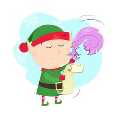 Happy Christmas elf writing letter to Santa. Vector illustration of cartoon element on blue background. Holiday, character, fairy tale. Can be used for greeting card, postcard, poster, leaflet
