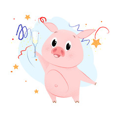 Piggy holding champagne illustration. Smiling piggy holding flute of champagne. New Year, fairy tales, cartoon character. Can be used for postcards, posters, greeting cards