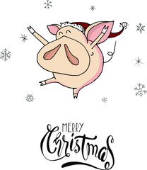 Cute doodle christmas happy piggy in santa hat. Symbol of 2019 year. Winter holidays. Christmas and new year calligraphy. Hand written modern brush lettering. Hand drawn design elements. Festive card.