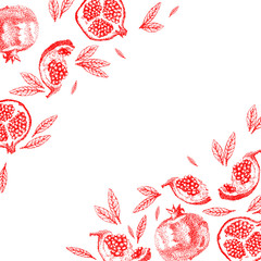 Pomegranate fruit vintage design template. Botanical fruit. Engraved pomegranate. Hand drawn pomegranate composition. Vector engraved illustration. Juicy natural fruit. Food healthy ingredient. 