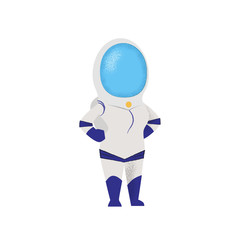 Confident female cosmonaut standing with hands on hips. Character, explorer, occupation. Can be used for topics like space mission, galaxy, cosmodrome