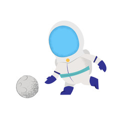 Cosmonaut playing with moon as ball. Character, game, sport. Can be used for topics like solar system, astronomy, mission