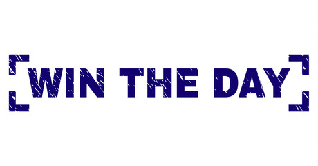 WIN THE DAY caption seal stamp with distress texture. Text caption is placed inside corners. Blue vector rubber print of WIN THE DAY with dirty texture.