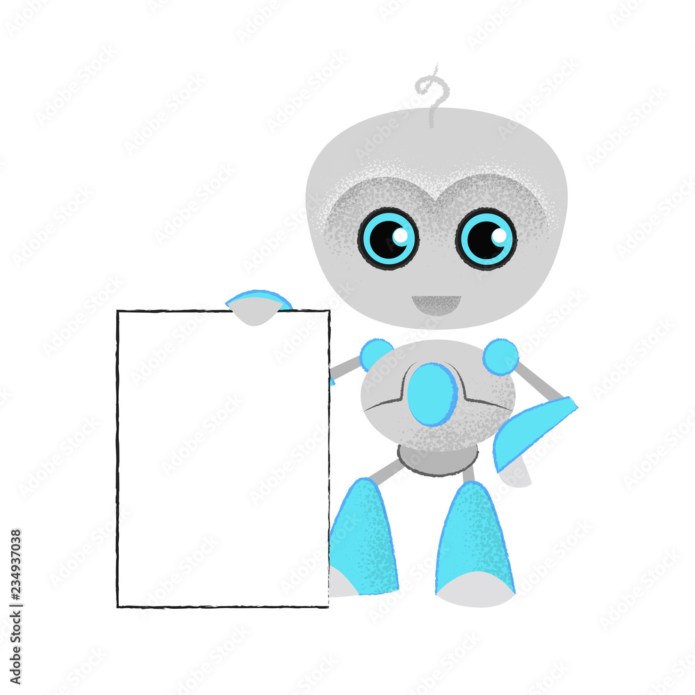 Poster smiling robot showing white empty sheet. education, chatbot, programming. can be used for topics lik