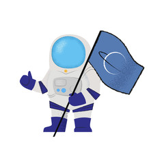 Spaceman showing flag and thumbs-up. Explorer, pioneer, mission. Can be used for topics like success, colonization, accomplishment