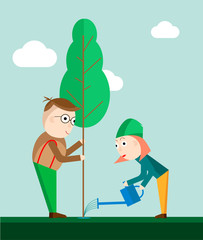 Man and woman planting trees outdoors. Vector illustrathion.