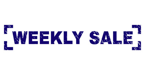 WEEKLY SALE text seal print with distress effect. Text caption is placed between corners. Blue vector rubber print of WEEKLY SALE with dirty texture.