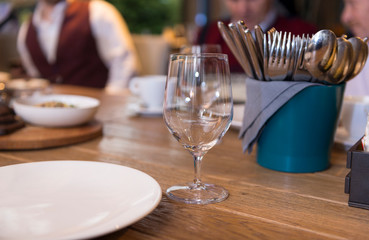 glass, plate, Cutlery on wooden table
