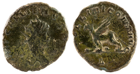 Antoninianus. Ancient Roman copper coin of Emperor Gallienus.